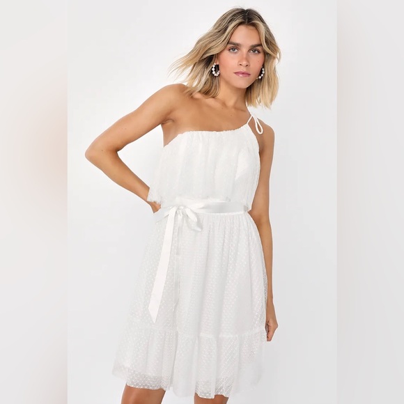 Lulus XS Adorable Event White Mesh One-Shoulder Swiss Dot Mini Dress - Picture 1 of 8